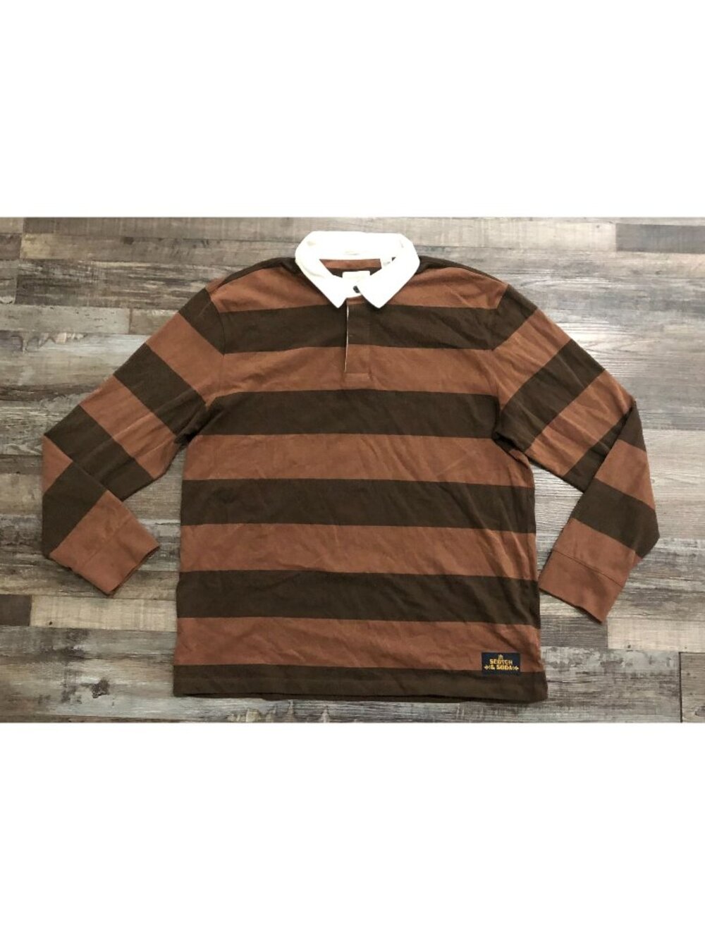 Scotch & Soda Mens XL Brown Striped Long Sleeve Rugby Polo Shirt New without Tag